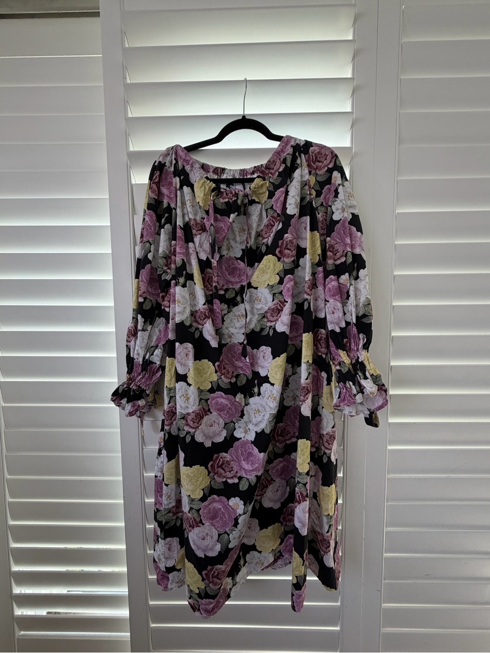 Sleeper Black Floral Long-Sleeve Off-Shoulder Dress with Pink & Yellow Roses